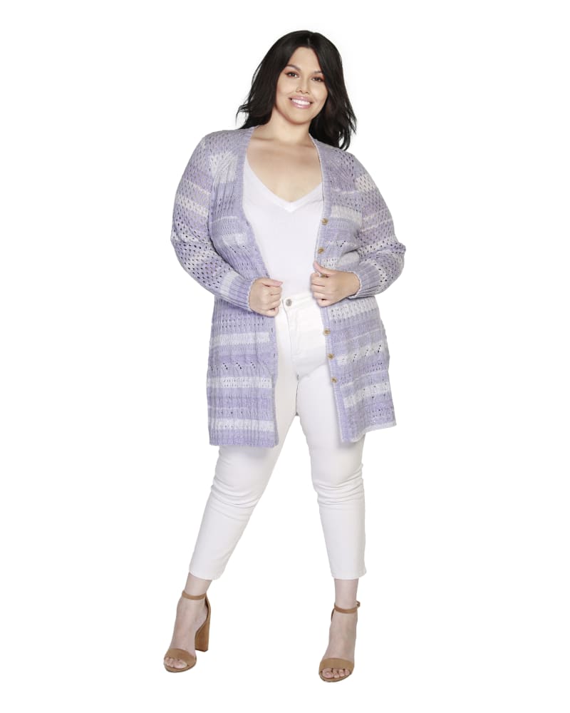 Front of a model wearing a size 2X Plus Size Space Dye Button-Front Cardigan in Pale Iris Combo by Belldini. | dia_product_style_image_id:319542